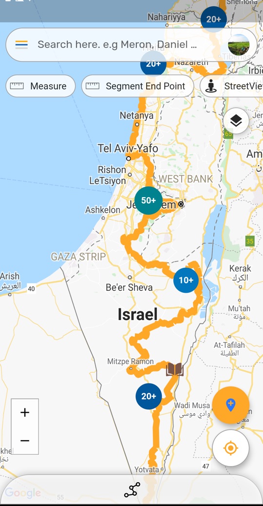 The app showing the full Israel National Trail on a map with campsite and Trail Angel markers